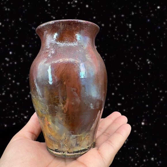 Vintage Raku Studio Art Pottery Vase Iridescent Glaze Hand Made Vessel Signed 5” - Picture 15 of 16